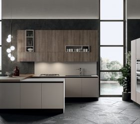 cucina moderna con isola in legno in un ambiente elegante e sofisticato