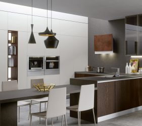 cucina moderna minimal con elettrodomestici a muro in legno e ferrro